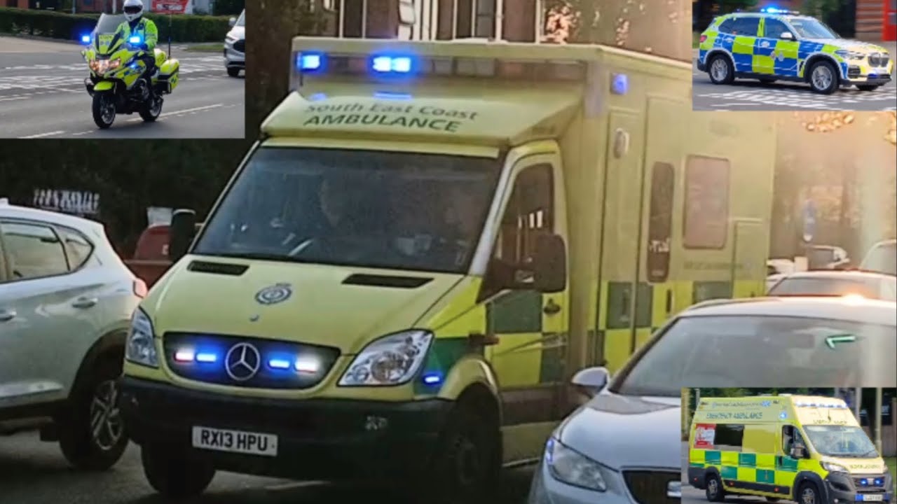 Surrey Police Bike, BMW X5 and 2x South East Coast Ambulance Service Responding Through Traffic UK