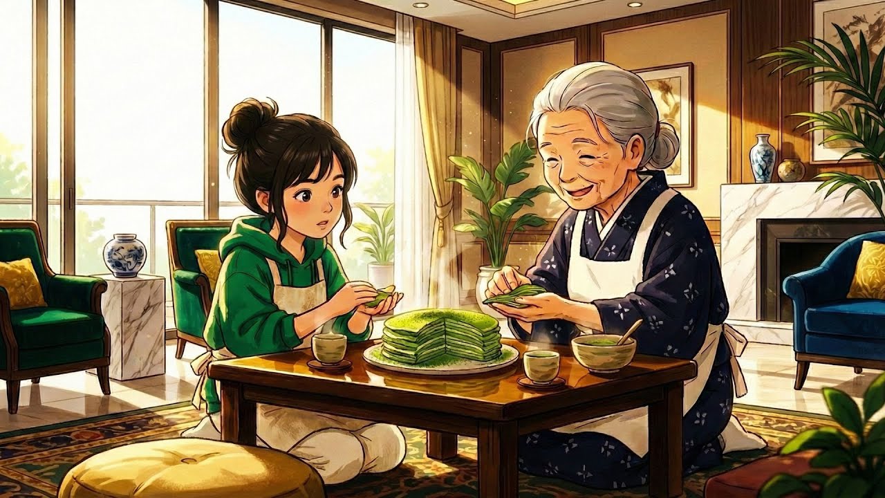 A Cozy Day at Home 🤍🍵 | Making Matcha Mille Crêpes with Grandma | Ghibli animation