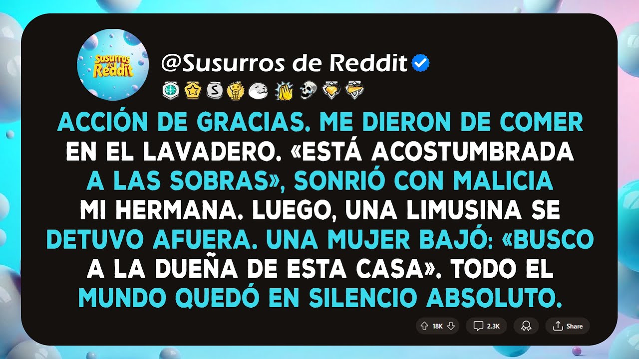 Dijeron «Está acostumbrada a las sobras» y me sentaron en el lavadero. Luego, una mujer en una...