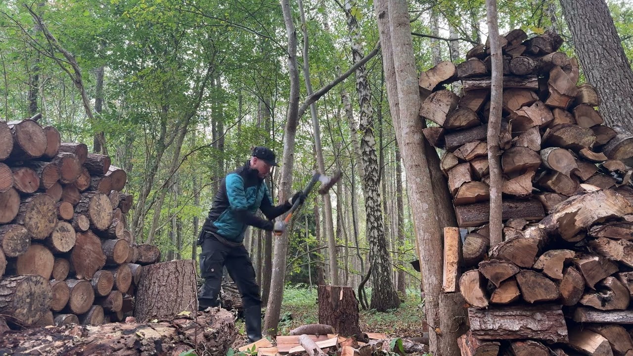 Splitting wood with an axe