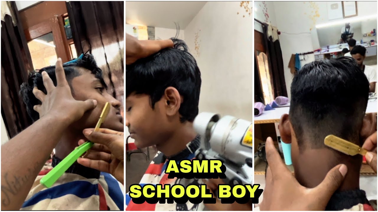 School boys head massage and beard shave straight razor nape saving ASMR haircut simple tutorial 