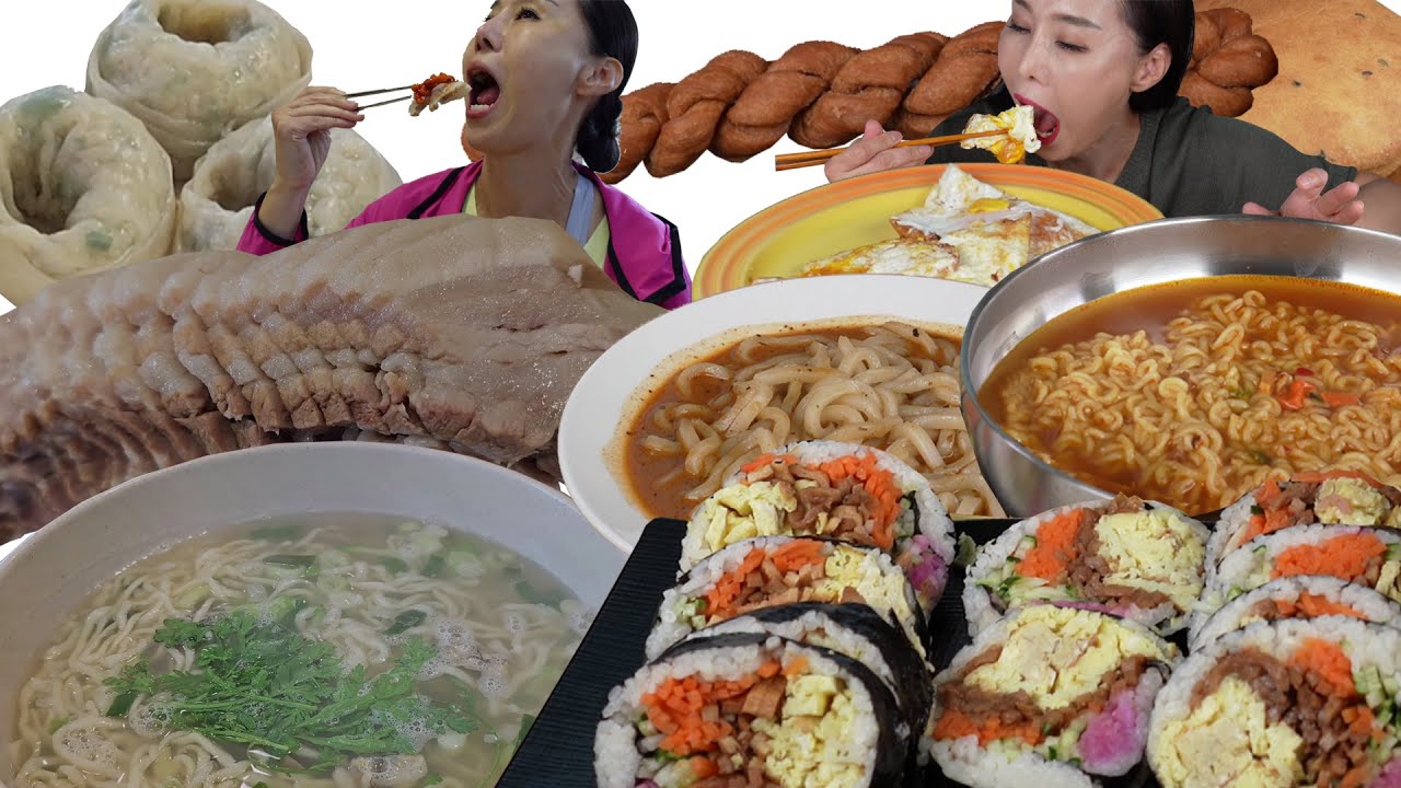 SUB)VLOG칼국수,수육,왕만두,라면,바질불닭,대왕김밥,꽈배기,공갈빵 Kalguksu, pork, king dumplings, ramen, hot chicken, etc...