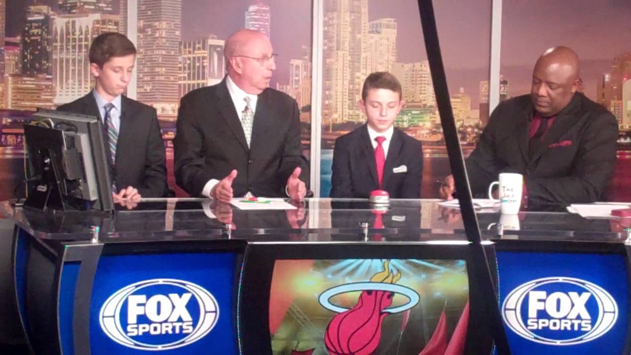 Miami Heat Kid Broadcasters Lucas and Aidan Rothstein with Ron Rothstein, Jason Jackson