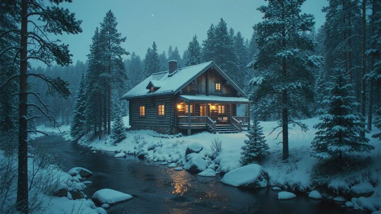 Cinematic Winter Cabin with Warm Lights and Quiet River | Deep Sleep & Cozy Ambience