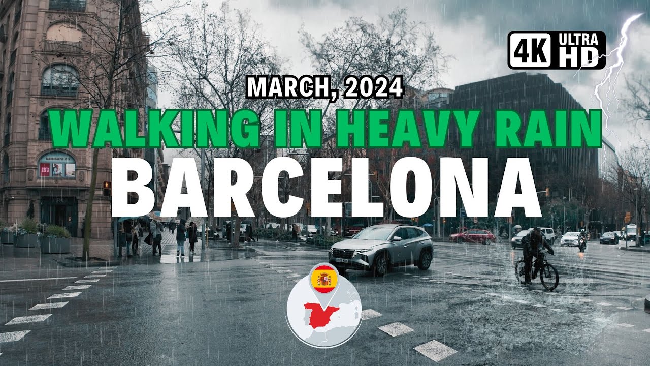 Heavy Rain in Barcelona 🇪🇸 -  Spain Walking Tour | March, 2024 4K/HDR