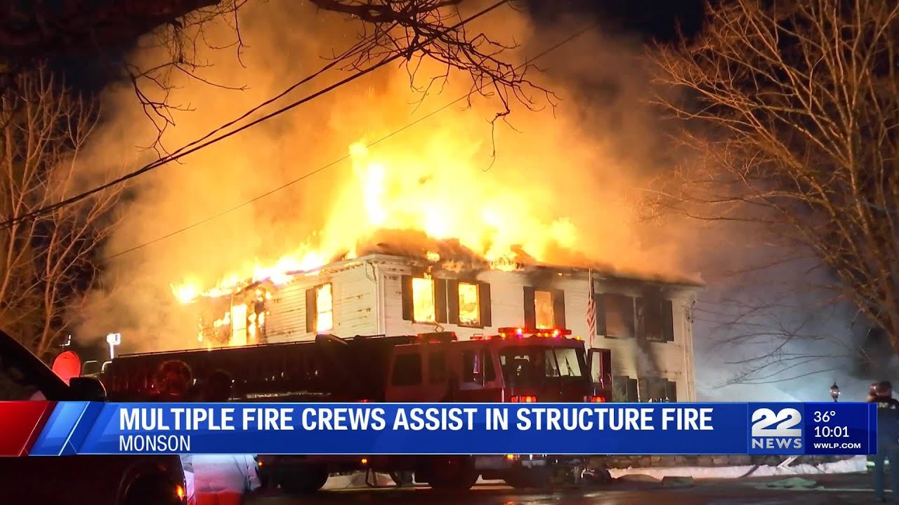 Two officers injured as crews battle three-alarm fire in Monson