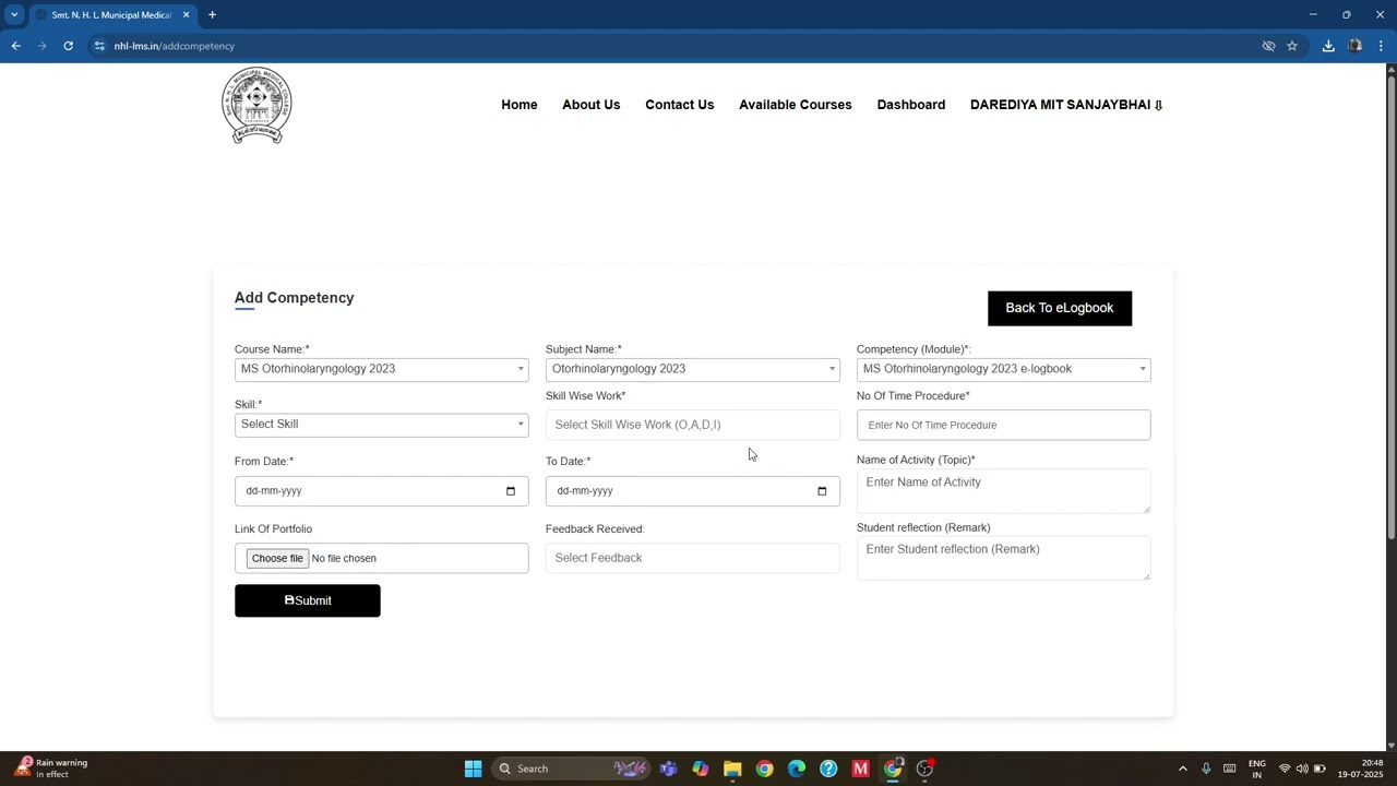 How to fill eLogbook Entries on Smt. NHL Municipal Medical College LMS Software