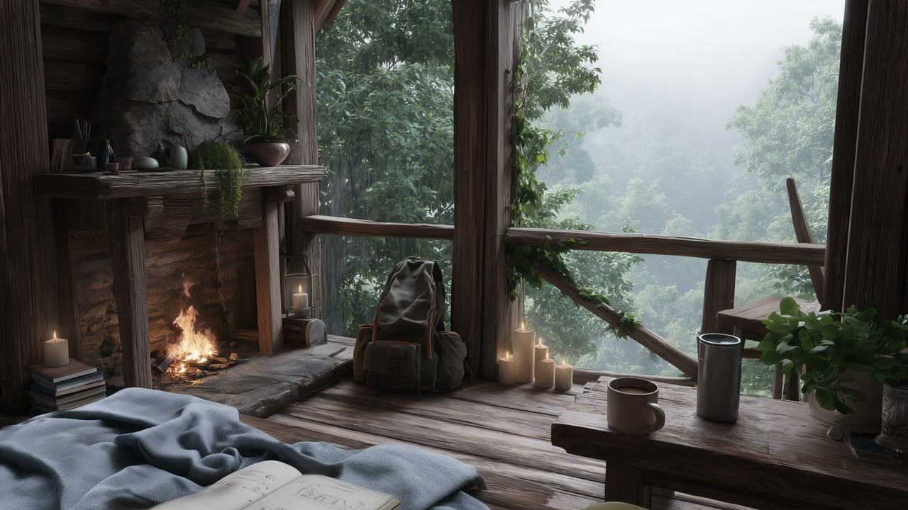 🎧 Cozy Jungle Cabin | Fireplace, Heavy Rain & Exotic Birds | Sleep, Meditation & Tinnitus Relief