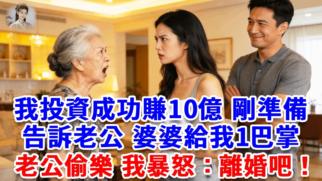 我投資成功賺10億，剛準備告訴老公，婆婆給我一巴掌：大媳婦年薪500萬妳月薪3千，真是廢物，老公一旁偷樂，我暴怒：離婚吧！隔天婆家收到簡訊傻眼了！#思妤說故事#為人處世#生活經驗#情感故事#晚年哲理