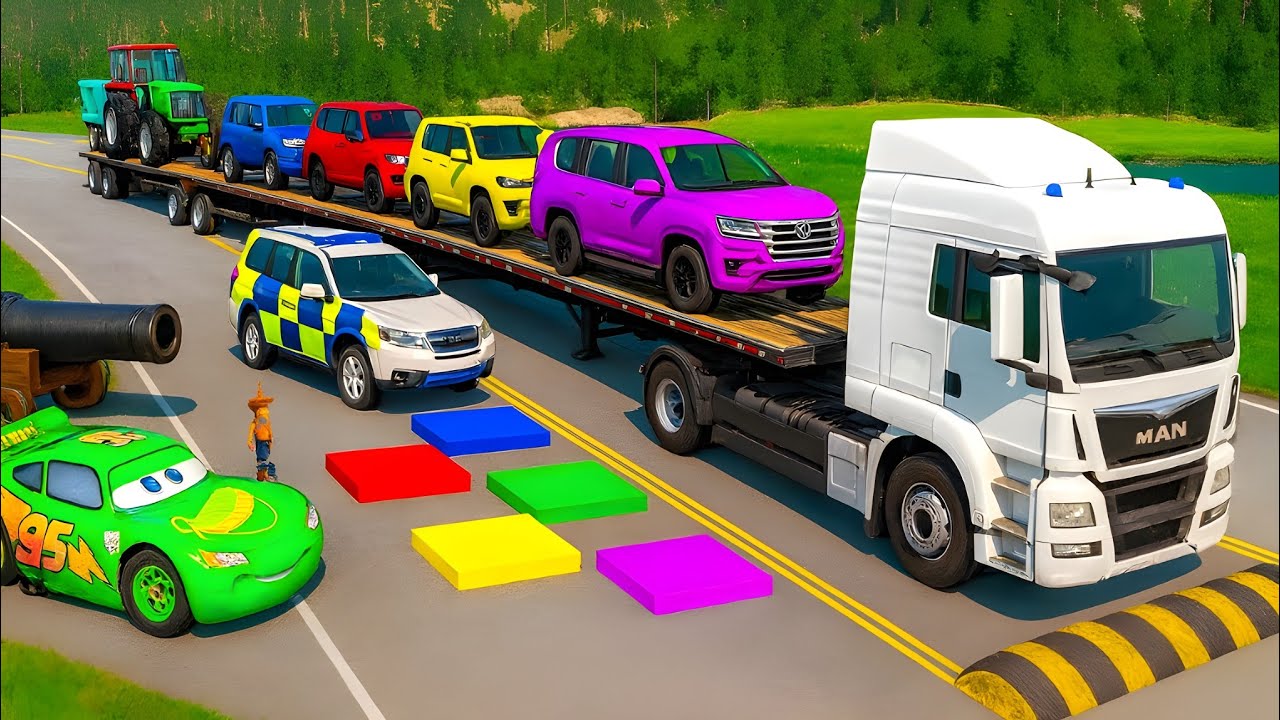 Double Flatbed Truck  / Transportation with Truck / MCQUEEN vs 7Car #31 / BeamNG Gao Drive