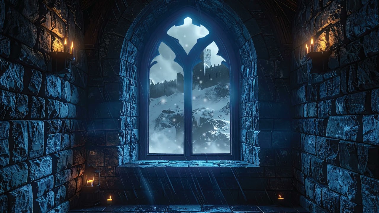 Medieval Castle Window in Winter | Cozy Snowfall & Relaxing Music