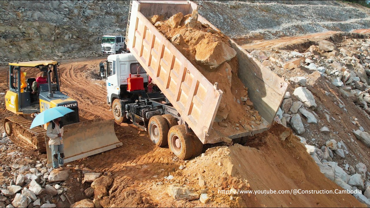 Full Project, New Action Excavator Dozer Dump Truck Clears Rock For Build Mountain Road Construction