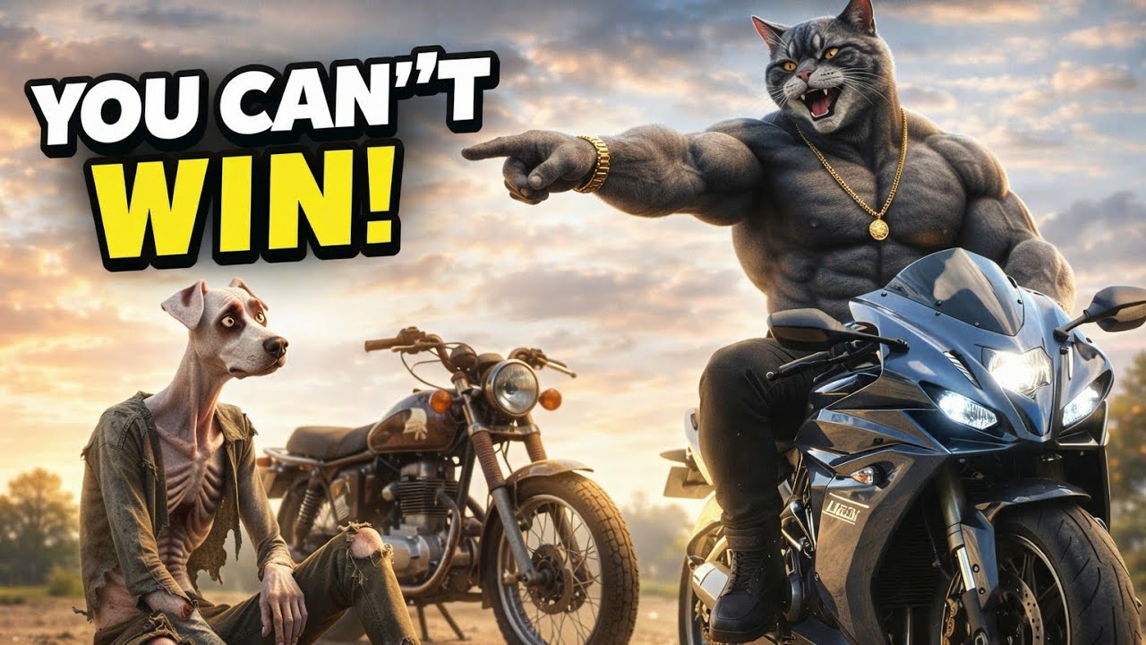 Poor dog race with muscular cat 