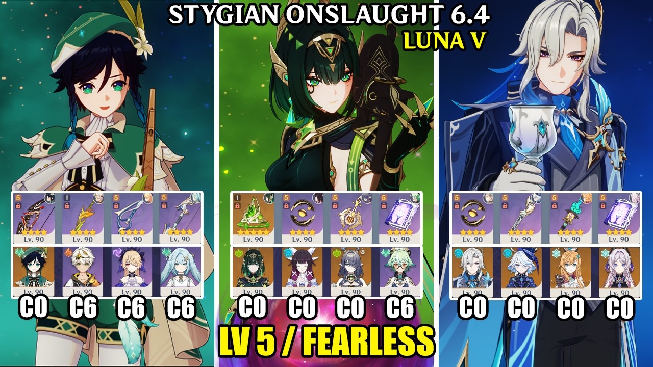Stygian Onslaught 6.4 - Lv 5 Fearless | C0 Venti C0 Nefer C0 Neuvillette | Genshin Impact 【原神】
