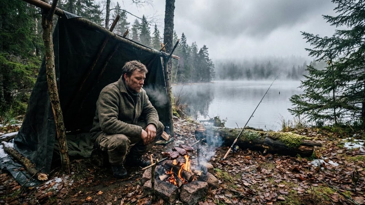 Surviving 4 Days Alone in Winter  Bushcraft Camping, Fishing, and Cooking