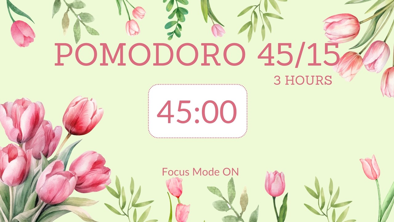 3h pomodoro timer / 3x45min study sessions + 15min break / productivity/ Focus Mode ON 💗