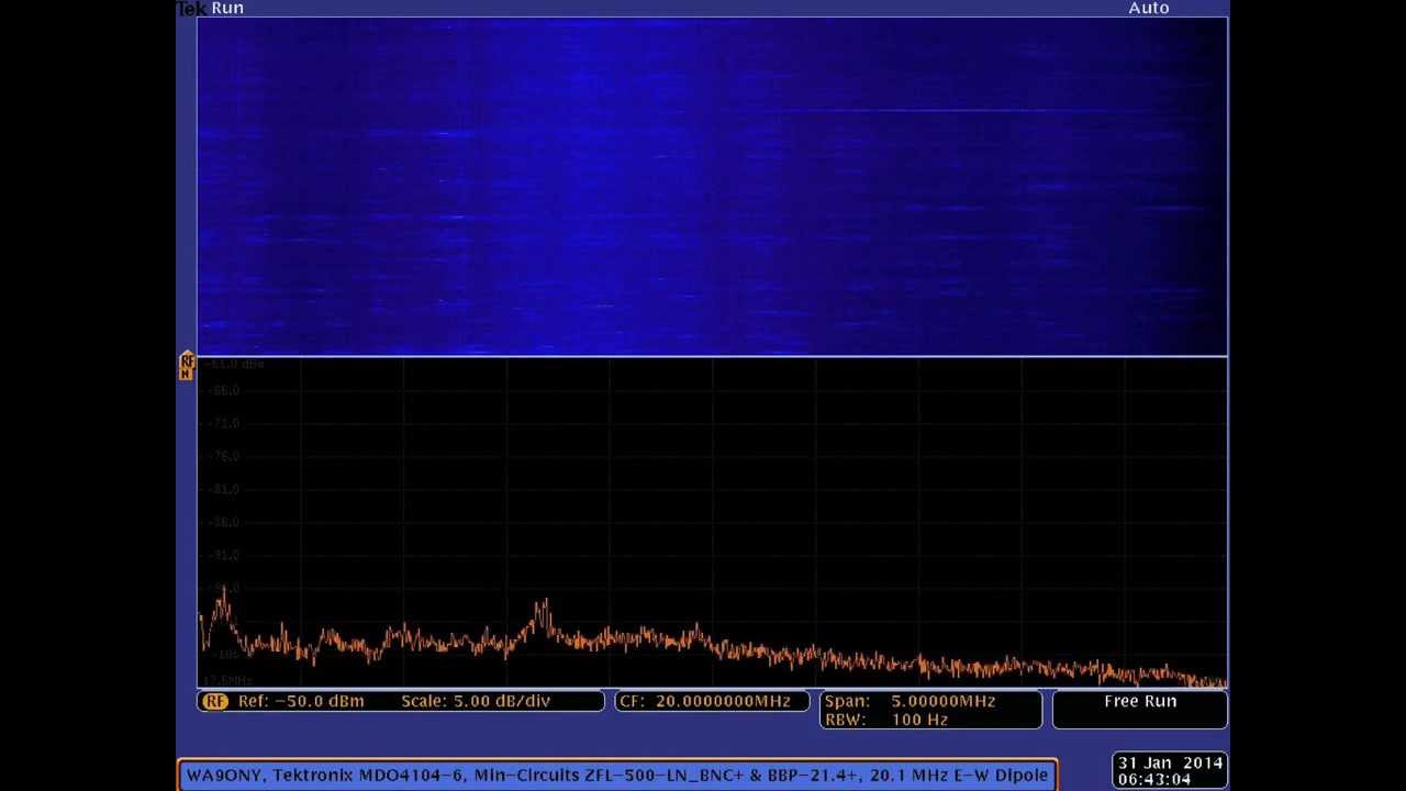 Jupiter Radio Emissions Spectrogram with Tektronix MDO4104-6 on 2014-01-31