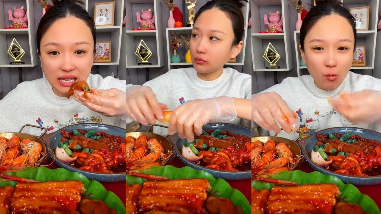 ASMR MUKBANG BRAISED PORK BELLY & SPICY SEAFOOD CRAYFISH (Super Satisfying Eating Sounds)