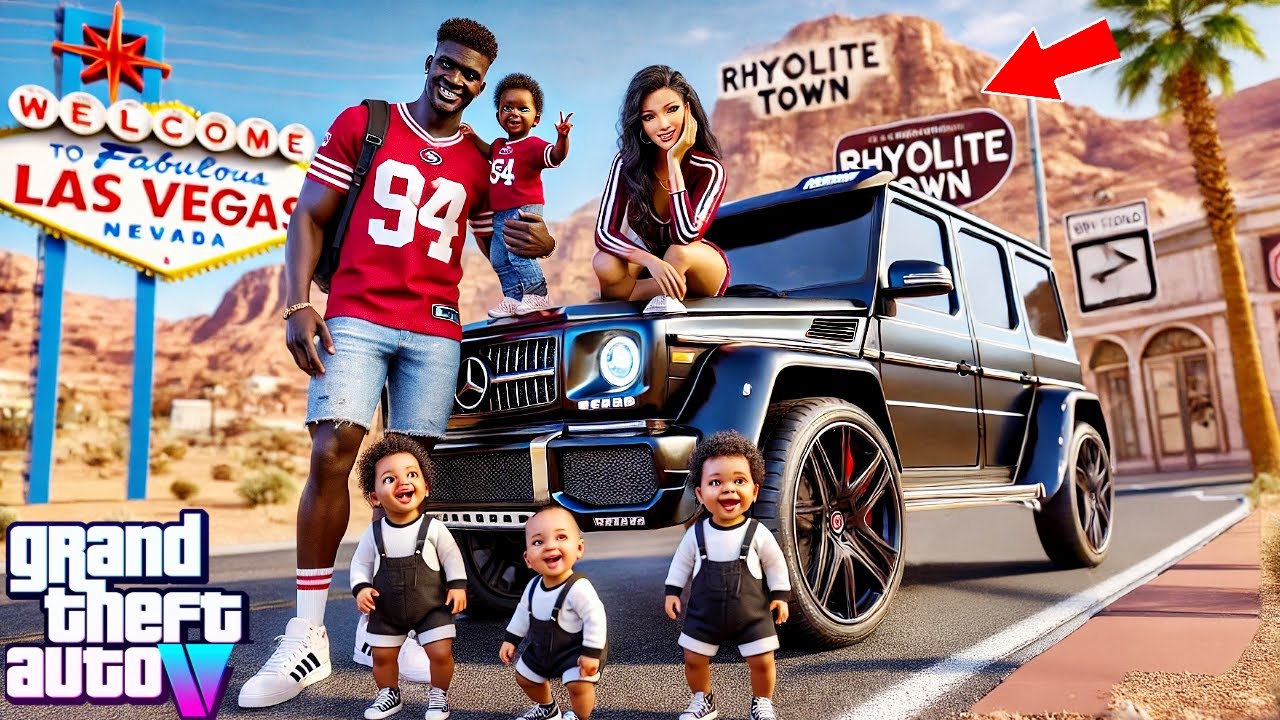 😍👶🏽🏝️Franklin, Mia & Quadruplets Road Trip To Las Vegas Rhyolite Town-GTA 5 Real Life Mod Remastered
