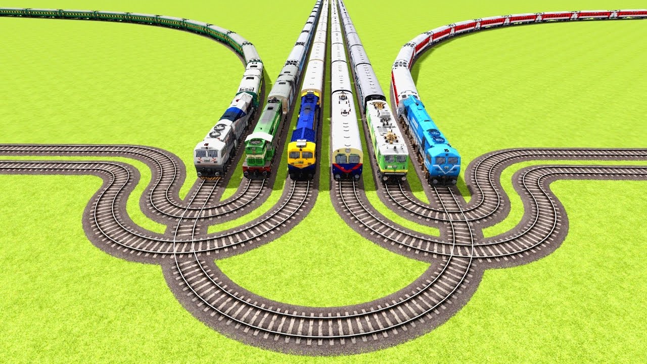 SIX MULTIPLE TRAINS VS CRAZY BIG U-TURN CROSSOVER TO CURVEY RAILROAD ▶️ Train Simulator | CrazyRails