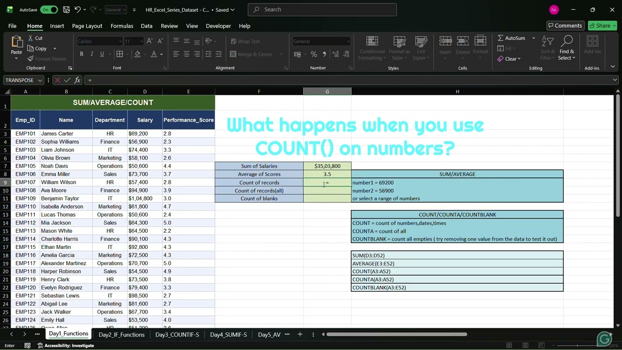 Excel Functions for Beginners | SUM, AVERAGE, COUNT, COUNTA & COUNTBLANK Explained!