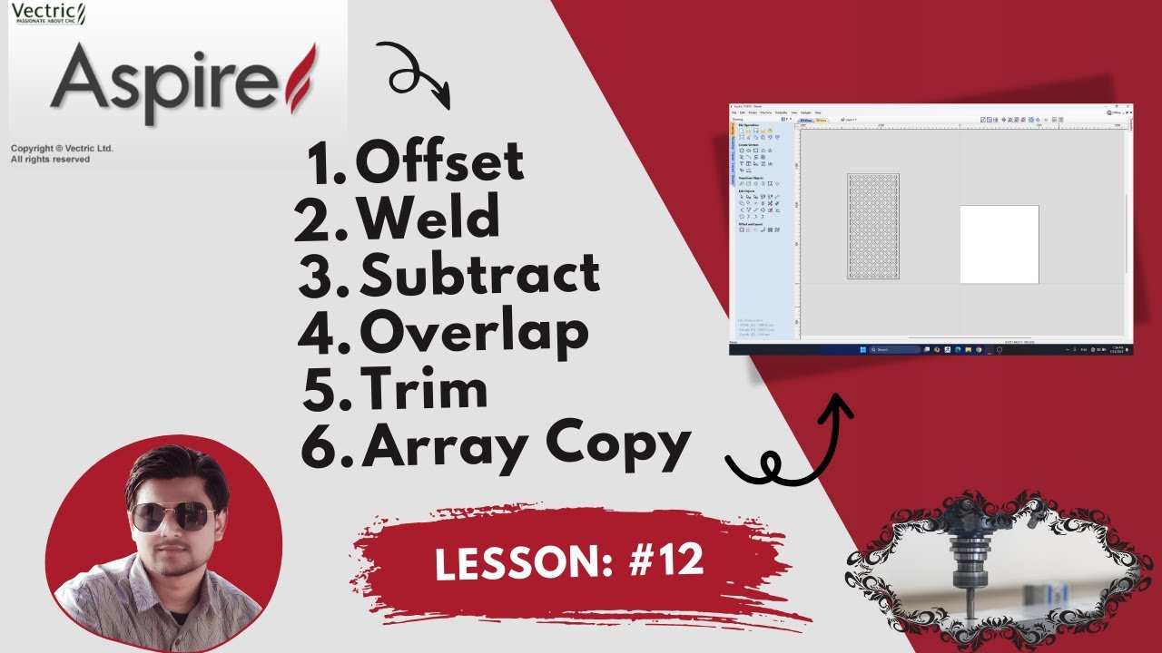 Aspire Offset Weld Subtract Overlap Trim Array Copy tools Lesson 12
