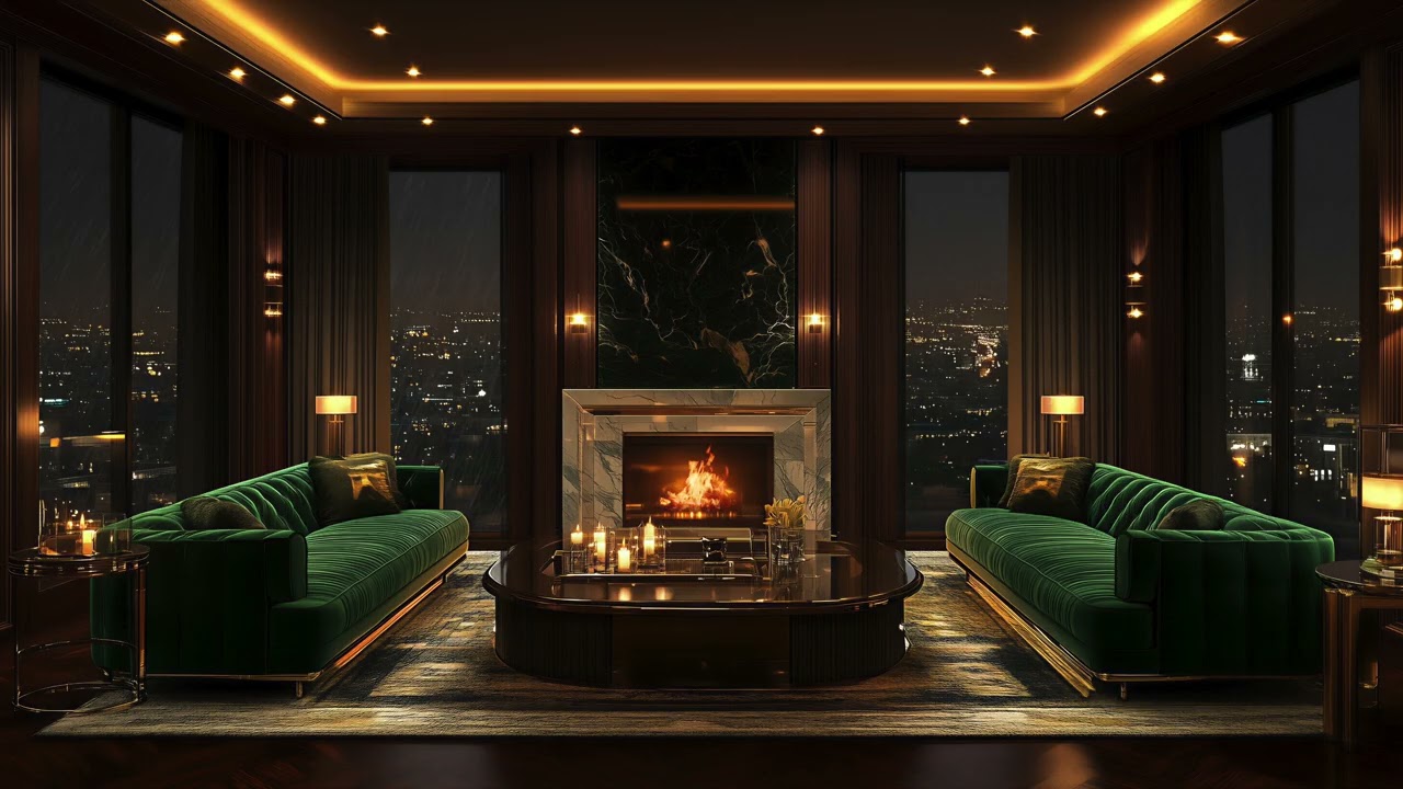 8 Hours Fireplace Crackling in a Luxury Penthouse | Rainy City Night for Deep Sleep & Relaxation