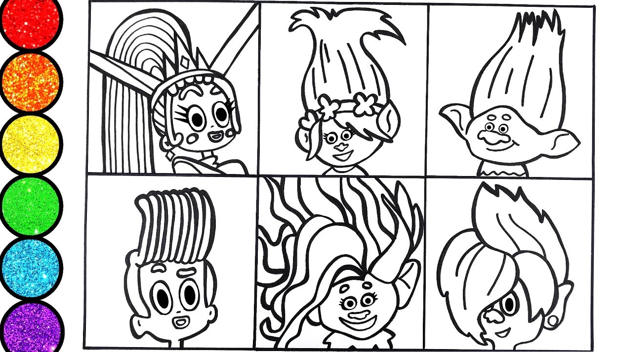 How to draw Trolls Band Together- Velvet Poppy Veneer and others-Glitter Art for kids