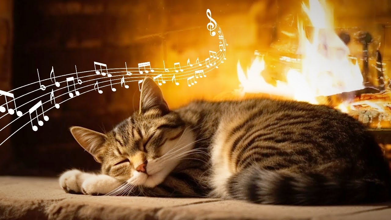 20 Hours Cat Purring & Piano 🐈 Relax with Fireplace 🔥 ASMR Relaxing