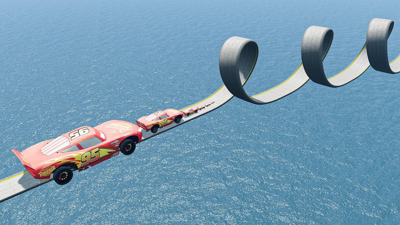 Big & Small Lightning Mcqueen vs Impossible Triple Loop Bridge Crossing - BeamNG.Drive