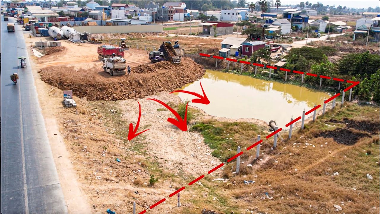 Amazing work!! processing filling up the land being mini bulldozer push dirt &dump truck loading