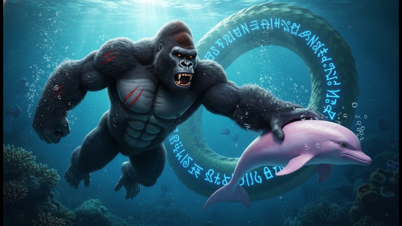kong dives into the deep water to save the pink dolphin