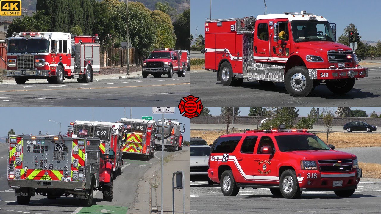 [4K] San Jose Fire Engines Responding to a Brushfire