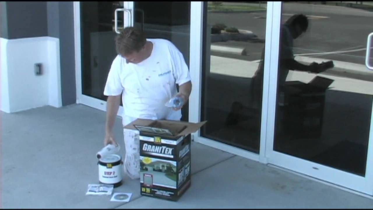 Applying concrete floor coating Granitex from Lowe's