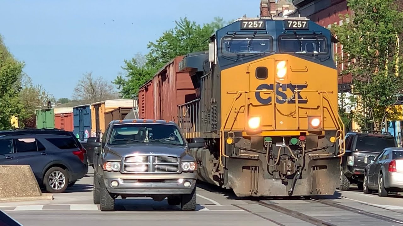 Truck Stops Too Close To Street Running Train! 2 Mile Train Fouls Traffic, Hi Rail In Street, Repost