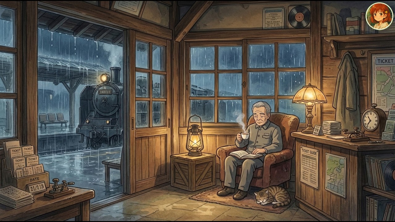 Cozy Heavy Rain at the Old Train Station Ticket Office 🌧️🎟️ Studio Ghibli Style | Ghibli Cottage