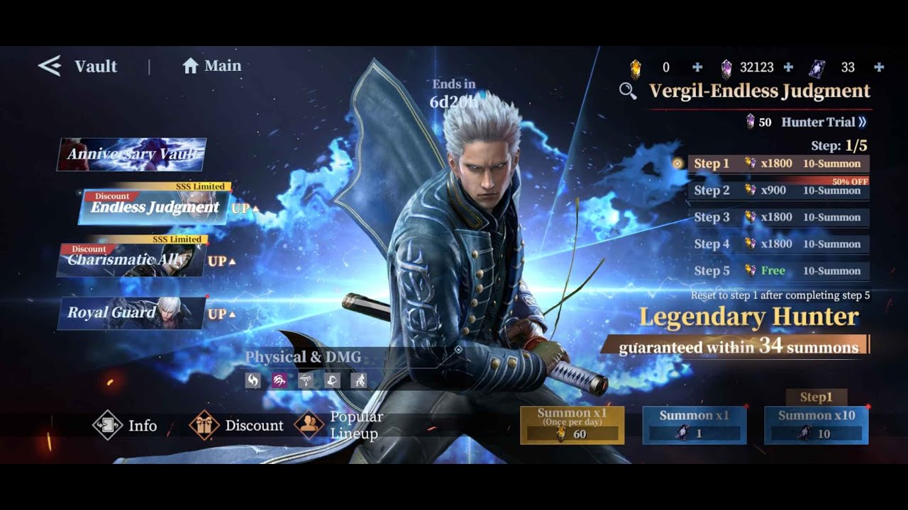 32,000 Gems and 100 Tickets F2P EJ Vergil Summons | DMC: Peak of Combat