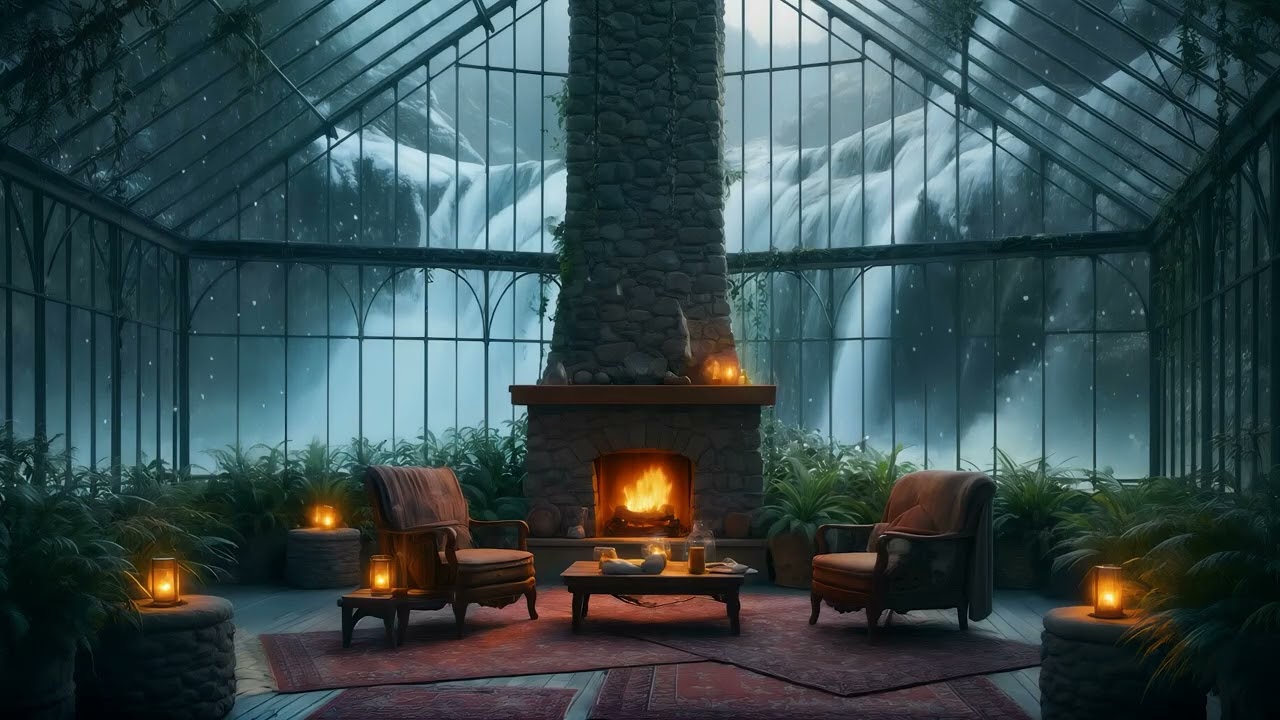 4K Winter Glass House Sleep & Study❄️ Fireplace & Waterfalls for Deep Relax 10 Hours Natural Sounds