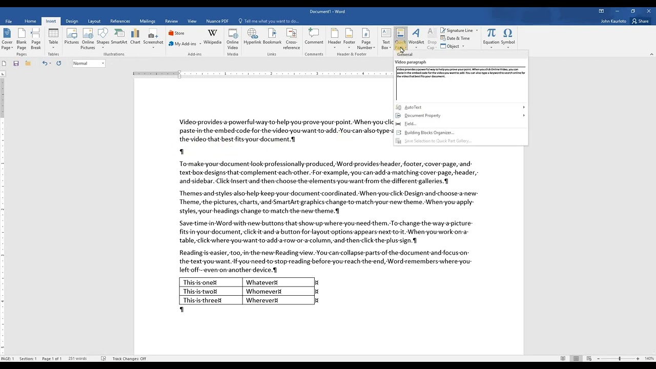Using Quick Parts in Microsoft Word