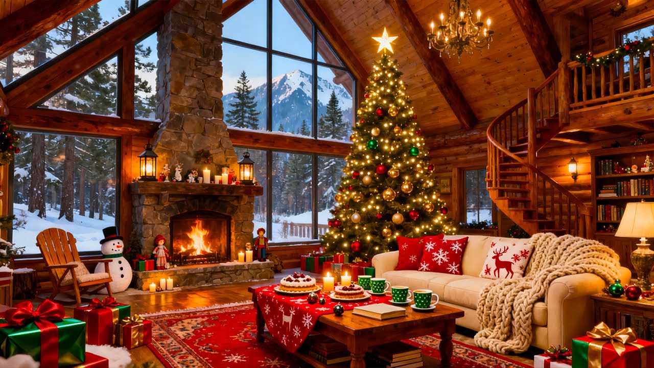 Cozy Christmas Coffee Shop Ambience 🎄 Fireplace Crackling, Smooth Jazz Music for Holiday Relaxation