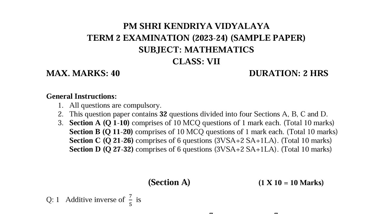 CLASS-7 MATHS / Annual Exam 2024 Sample Question Paper / KV CBSE / Kendriya Vidyalaya Term-2
