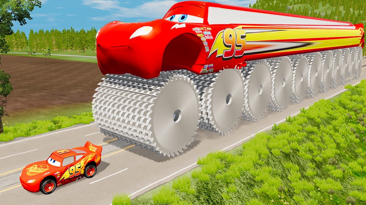 GIANT Long McQueen with HUGE Saw Wheels vs Small Lightning McQueen | BeamNG.Drive