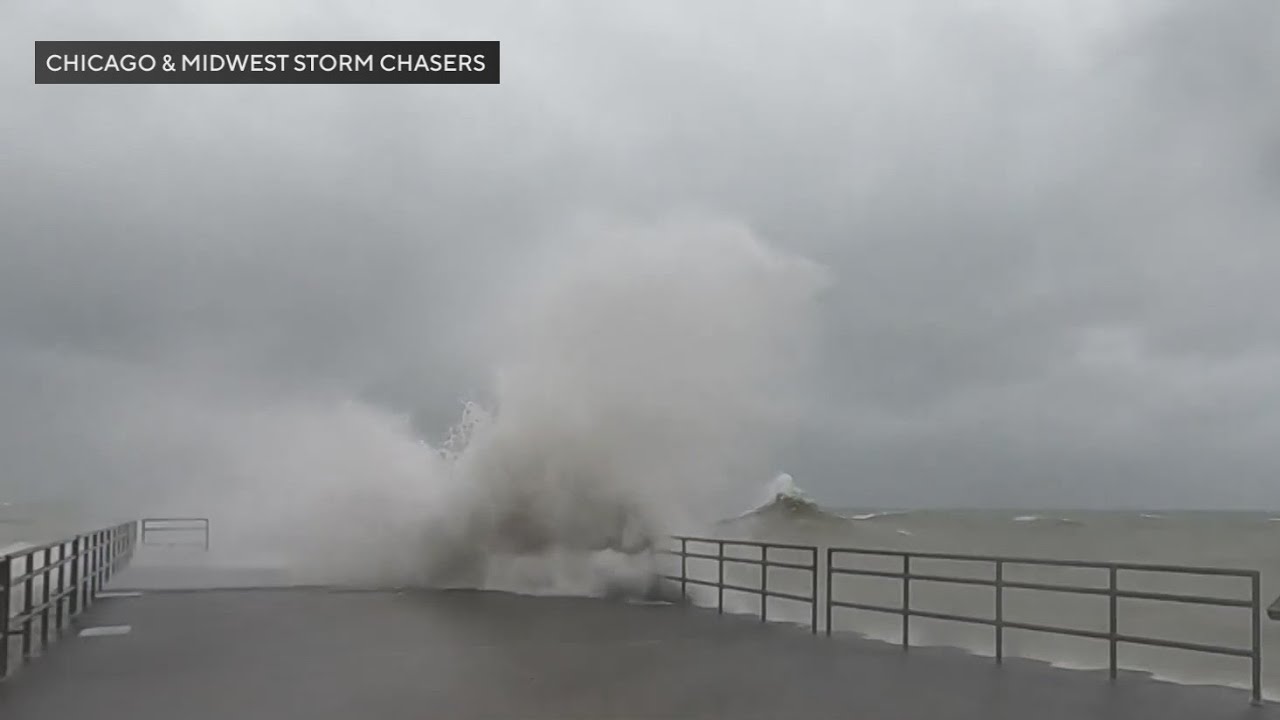 High waves pound Chicago shoreline along Lake Michigan