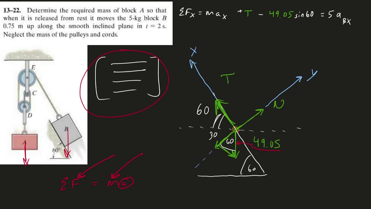 Dynamics Problem: Particle Kinetics - Rectangular Coordinates - Problem2 (Cords and Pulleys)