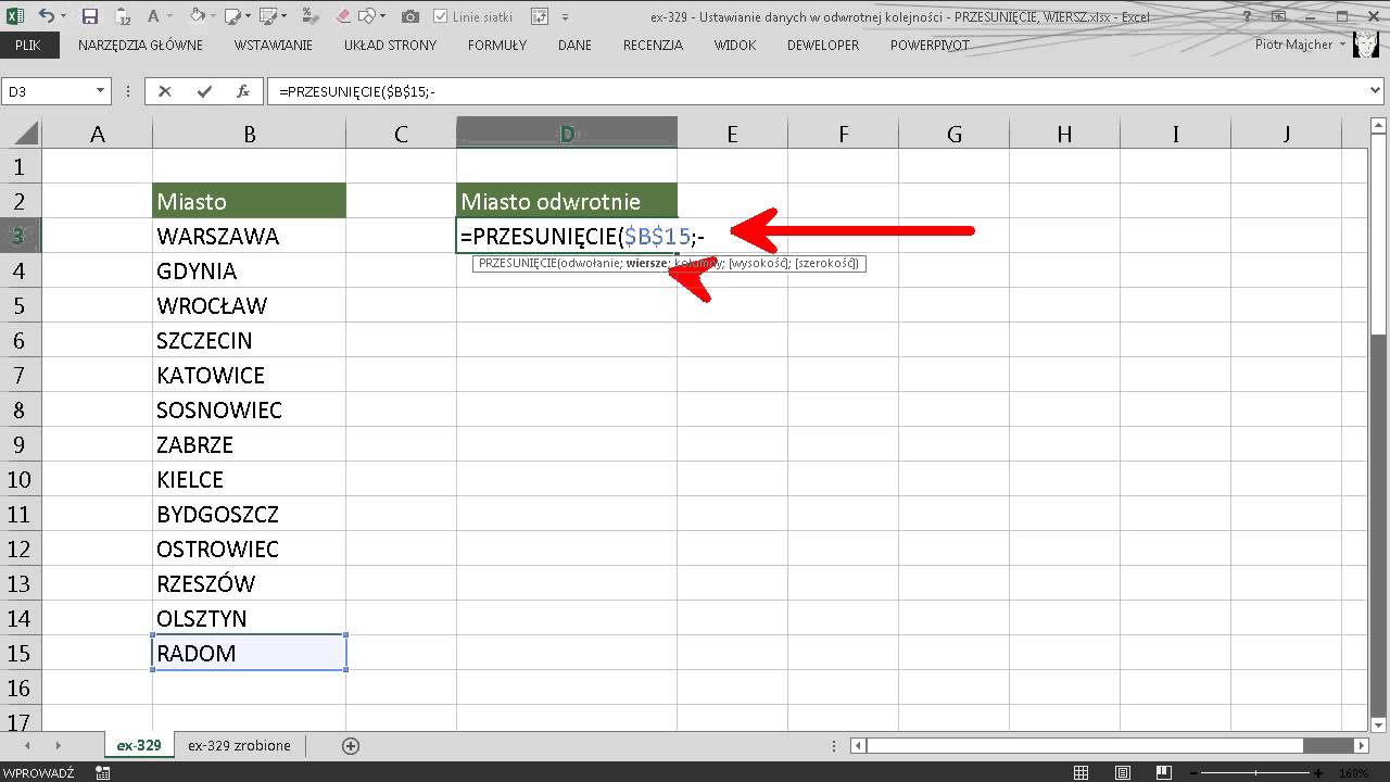 excel-329 - Ustawianie danych w odwrotnej kolejności - PRZESUNIĘCIE, WIERSZ