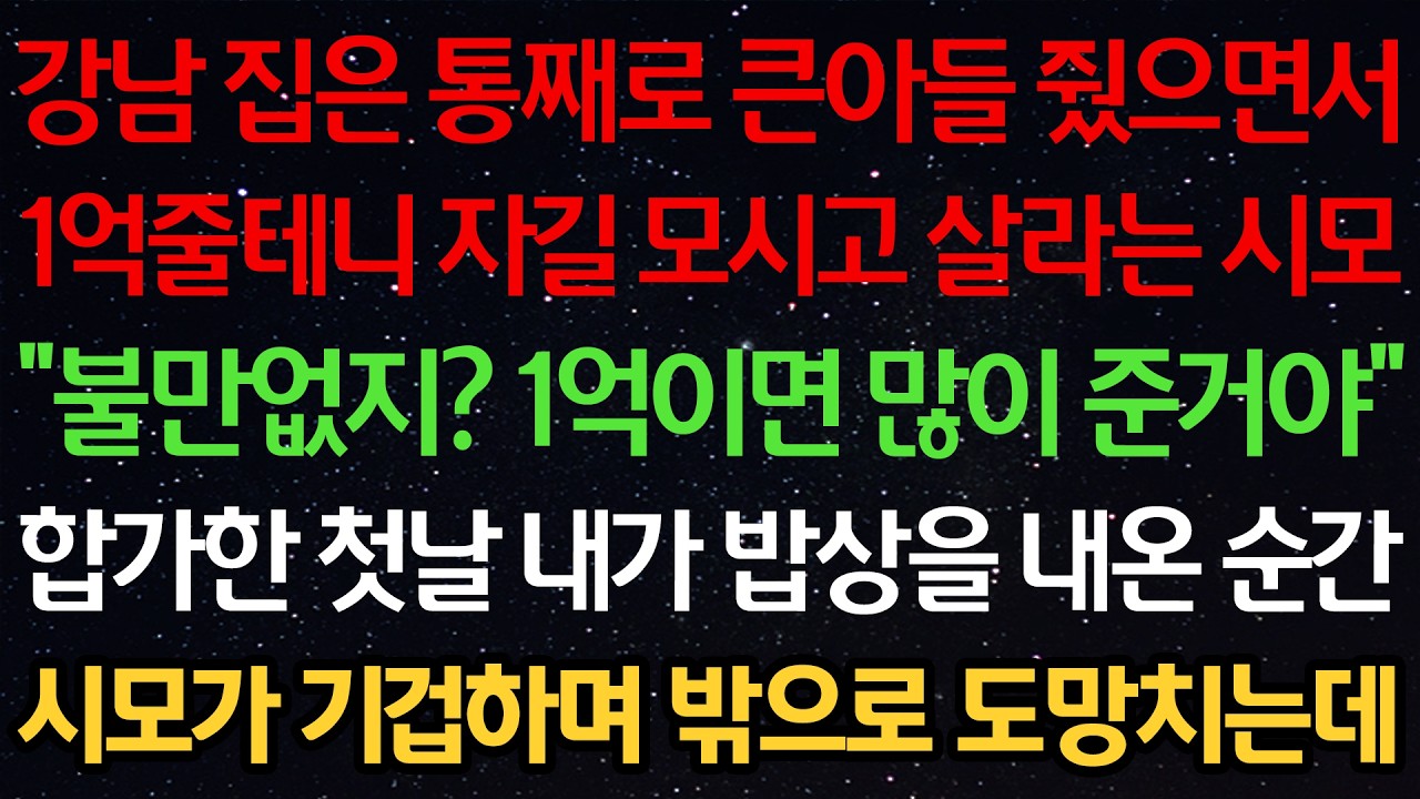 강남 집은 통째로 큰아들 줬으면서 1억줄테니 자길 모시고 살라는 시모 &ldquo;불만없지? 1억이면 많이 준거야&rdquo; 합가한 첫날 내가 밥상을 내온 순간 시모가 기겁하며 밖으로 도망치는데