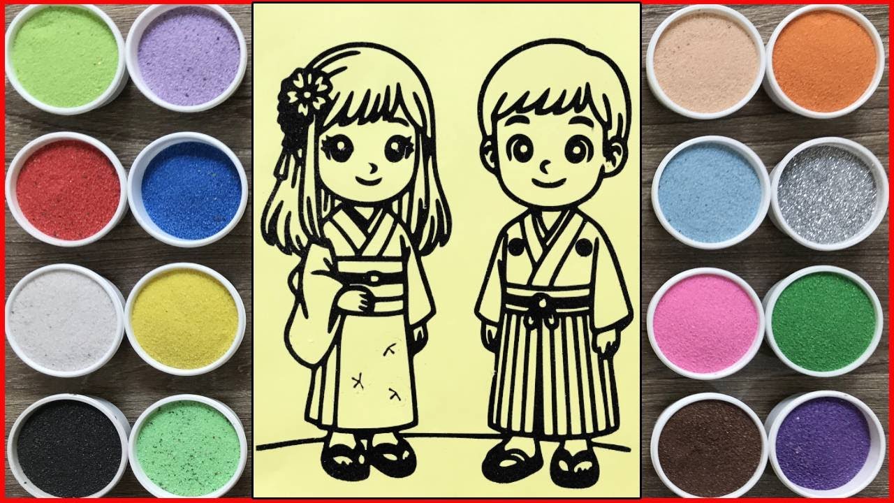 Japanese people sand painting, coloring pages, cute drawing easy
