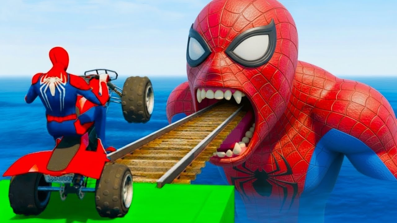 سبايدر مان اصعب دراجة نارية فوق اسماك القرش - Superheroes Ride on Motorcycle Stunt Funny Moments??