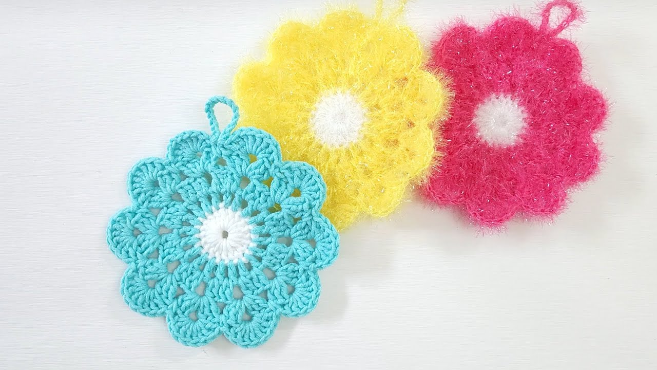 💗70만뷰💗 왕초보용/실용성갑 꽃수세미/티코스터 Crochet  tea coaster/ Crochet dish scrubby