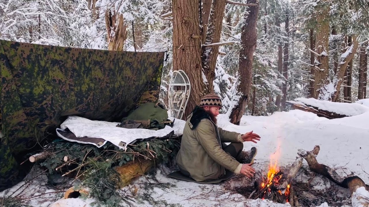 Winter Camping in Snow with Bed, Tarp, Fire & snow shoes